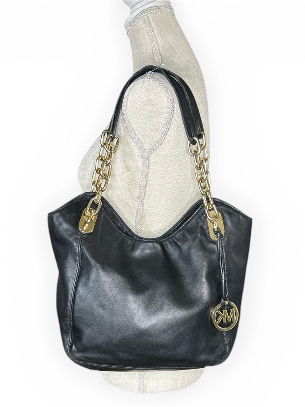 Michael Kors Lillie Hobo Purse Black Leather Gold Chain Handbag Tote